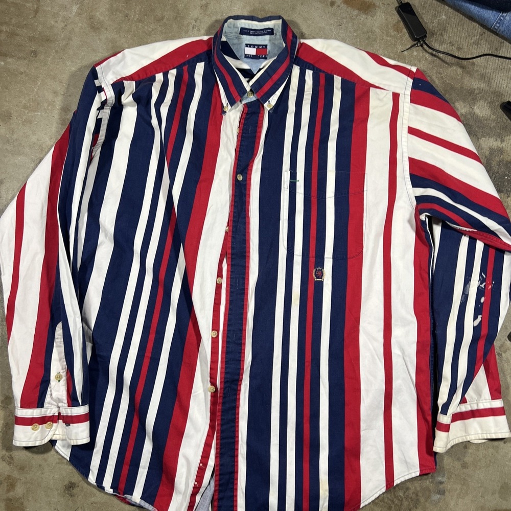 Vintage Tommy Hilfiger XL Made In Taiwan Red White Blue Stripe Shirt Crest Logo